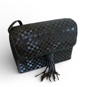 MAGID Beautiful black beaded box clutch, braided black shoulder strap